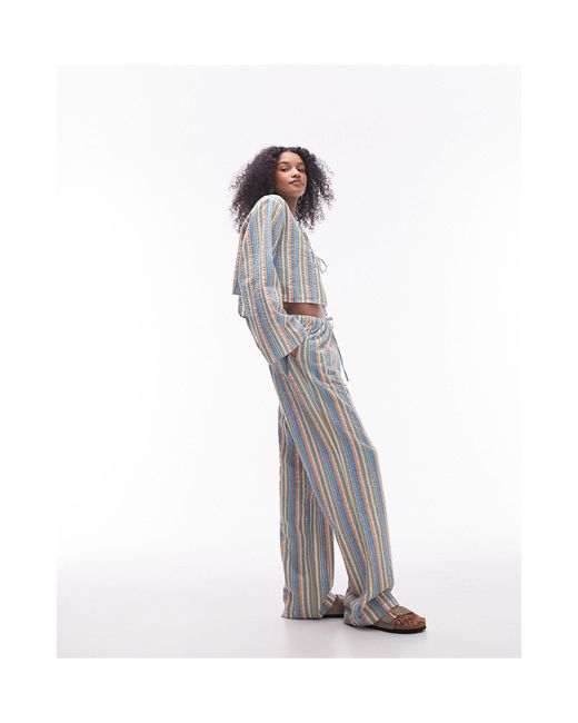 TOPSHOP White Co-ord Seersucker Striped Wide Leg Beach Trousers