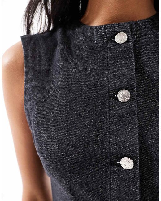ASOS Denim Maxi-Jurk Met Ronde Hals En Knoopsluiting Aan De Voorkant in het Black