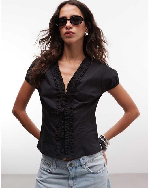 Collusion Black Frill Detail Short Sleeve Blouse