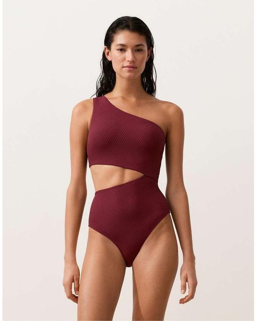 Oysho Red Mini Check Jacquard Asymmetric Trikini