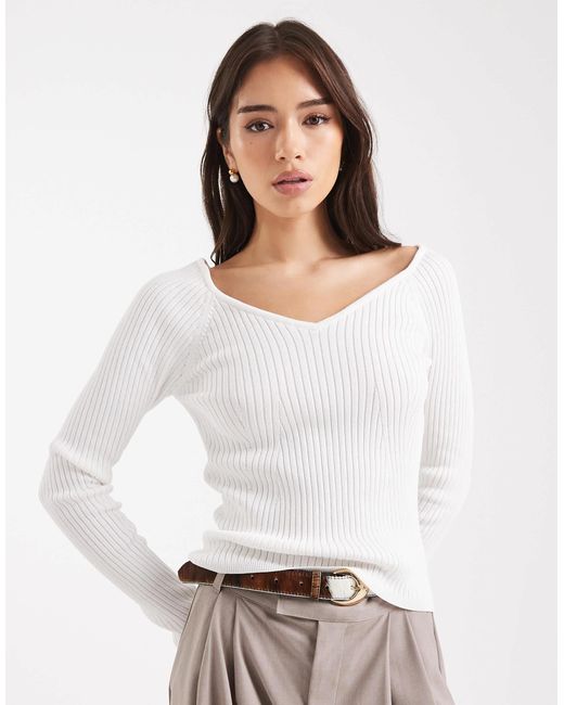 ASOS White Knitted Structured V Neck Top