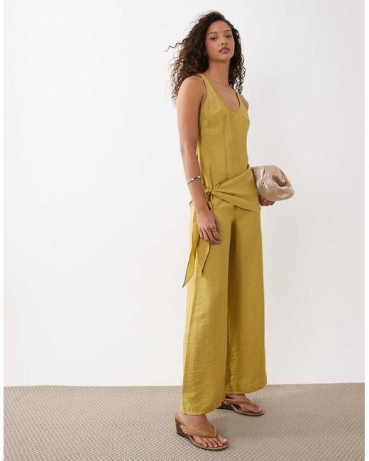 ASOS Yellow Satin Crinkle Jumpsuit With Scarf Waist Detail