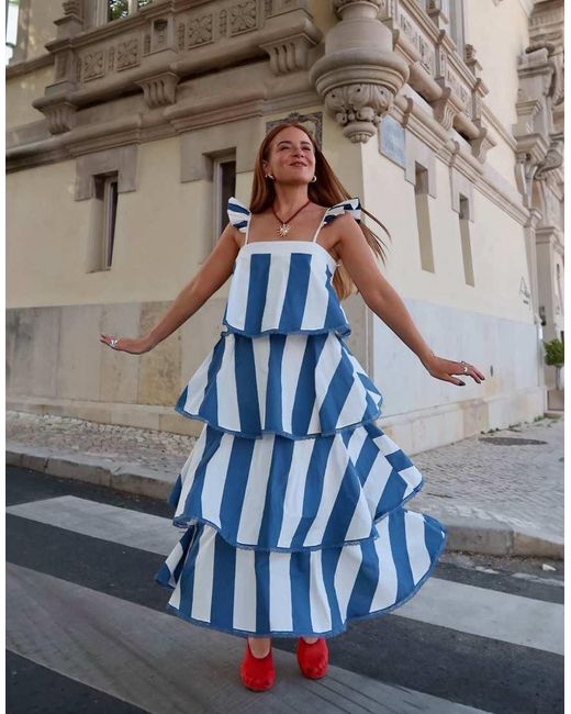 Labelrail Blue X Rebecca Olivia Circus Stripe Tiered Midaxi Dress