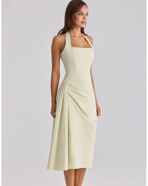 House Of Cb Natural Tallulah Matcha Cotton Halter Neck Midi Dress