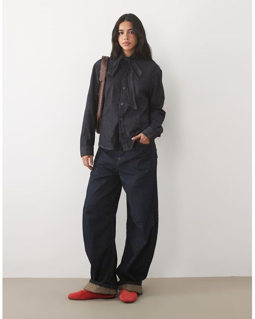 Mango Blue High Neck Shirt With Tie Neck Detail