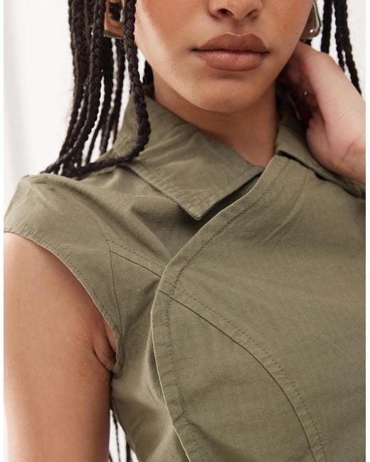 Weekday Green Dakar Mix & Match Ripstop Top With Collar And Concealed Buttons