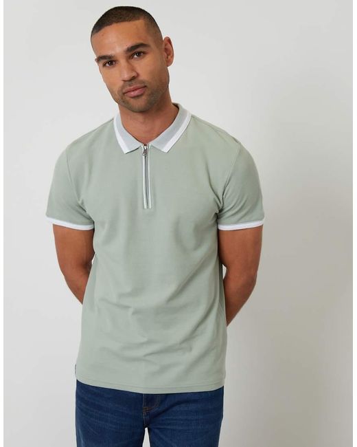 Threadbare Green Cotton Tipping Collar Quarter Zip Pique Polo Shirt for men