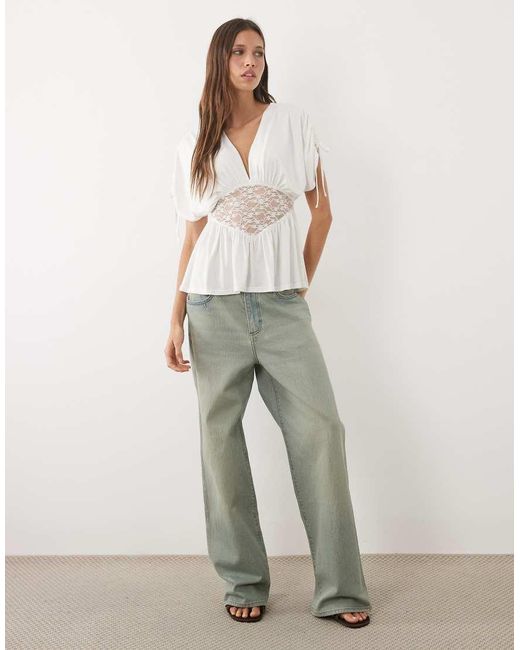 Miss Selfridge White V-Neck Gathered Top With Lace Waist Trim