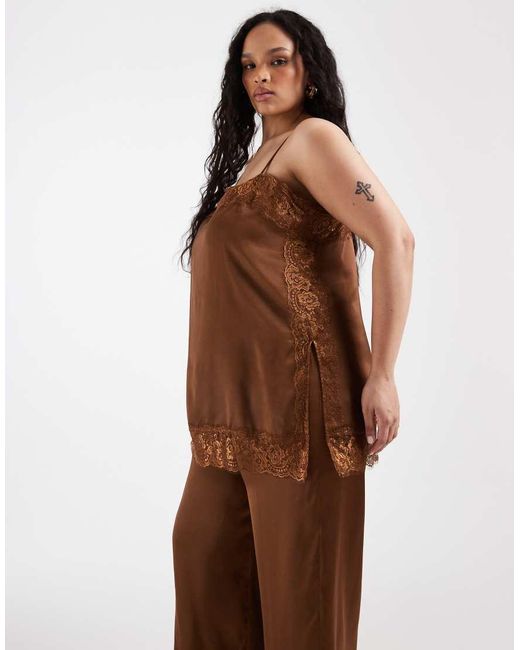 ASOS Brown Asos Design Curve Satin Lace Cami Jumpsuit