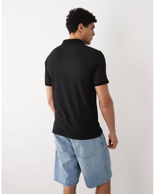 SELECTED Black Ribbed Half Zip Polo Shirt for men