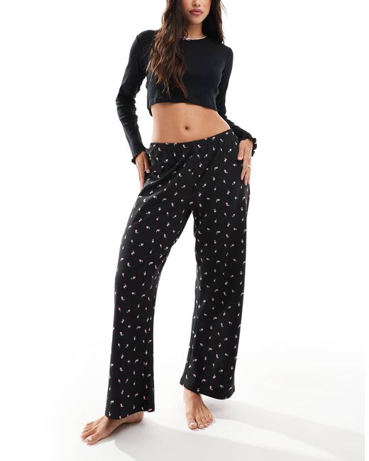 Wednesday's Girl Black Rose Print Trouser And Pointelle Top Pyjama Set