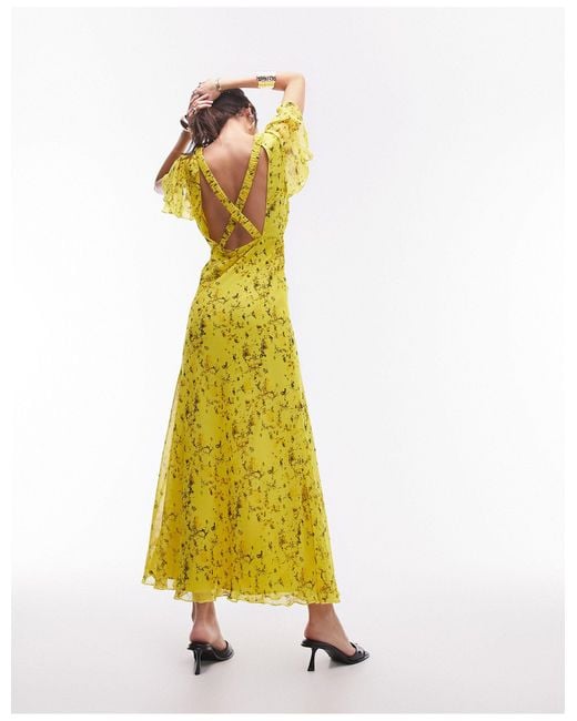 TOPSHOP Yellow Occasion Flutter Sleeve Maxi Dress With Back Detail