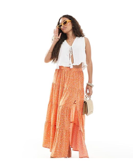 Miss Selfridge Orange Side Split Tiered Maxi Skirt