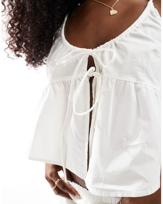 Monki White Mix And Match Poplin Cami Pyjama Top With Tie Front Detail