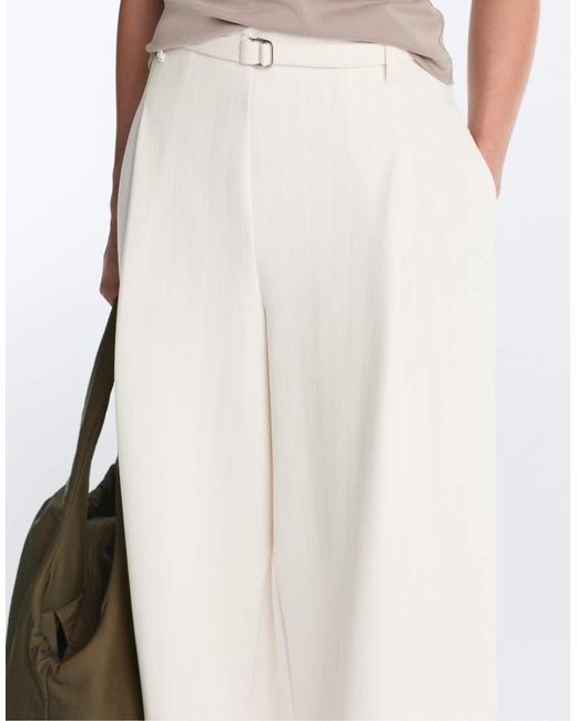 Oysho White Striped Cotton Piqué Wide-Leg Trousers