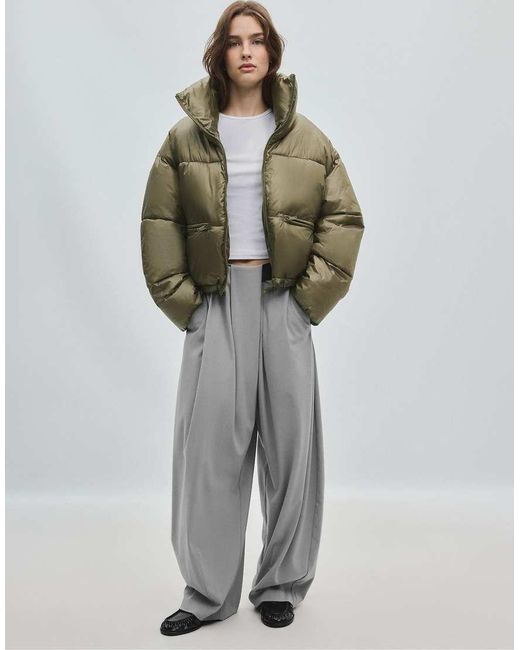 Stradivarius Green Shiny Cropped Down Jacket