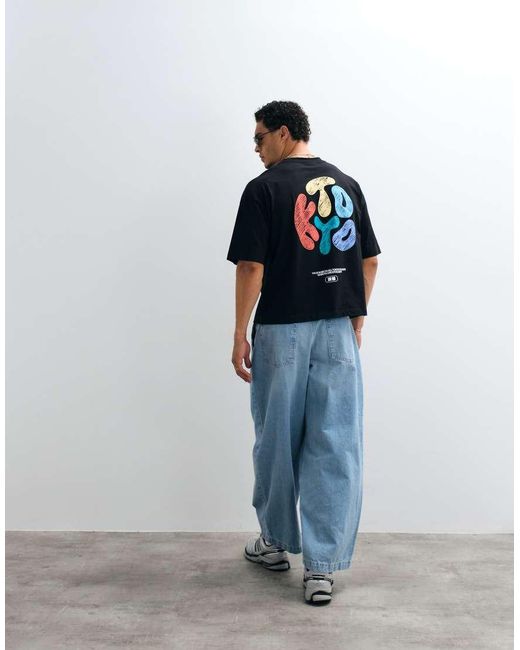 ASOS Blue Boxy Oversized T-shirt With Scribbled Kyoto Bubble Text Print for men