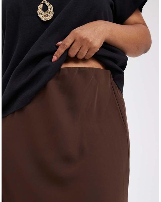 Pieces Plus Brown Pieces Curve Matte Satin Midi Skirt
