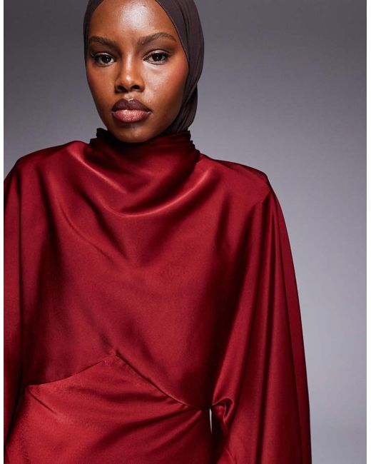 ASOS Red Funnel Neck Satin Maxi Dress With exaggerated Sleeves