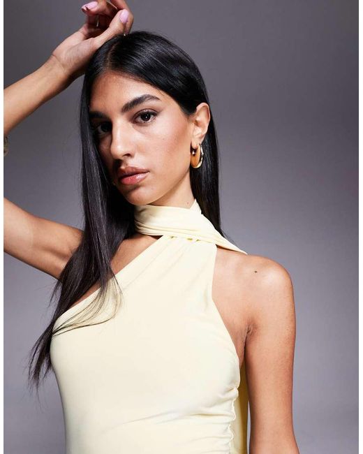 Fashionkilla Yellow Exclusive Slinky Double Sculpted Halterneck Scarf Detail Mini Dress