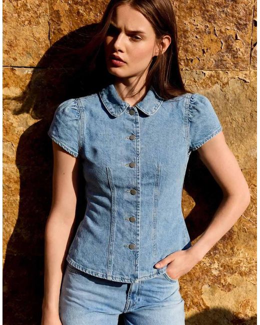 Bershka Blue Balloon Fit Short-Sleeve Denim Top