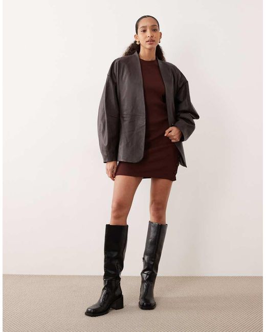 ASOS Purple Button Detail Wide Rib Crew Neck Mini Dress