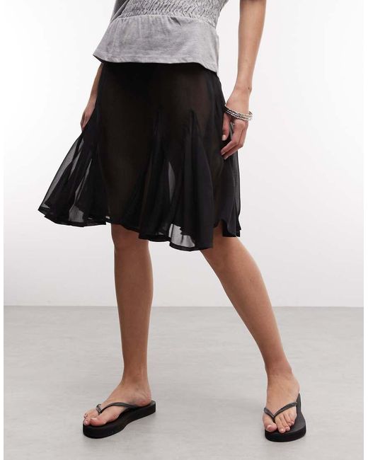 Collusion Brown Sheer Midi Skirt With Godet Details