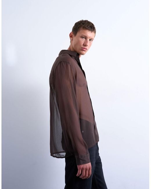 Topman Brown Relaxed Fit Crinkle Texture Sheer Shirt for men