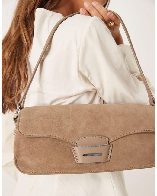 Mango Natural Leather Contrast Stitch Shoulder Bag