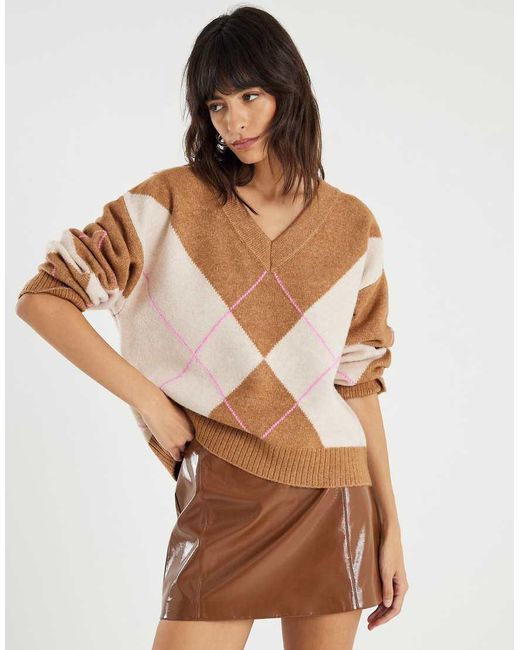 River Island Brown Argyle V Neck Knit Jumper
