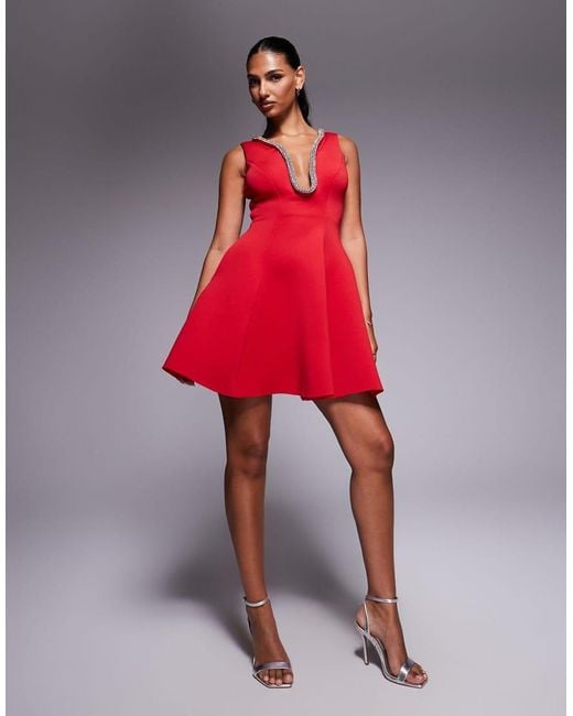 Goddiva Red Diamante Embellished Neck A Line Mini Dress