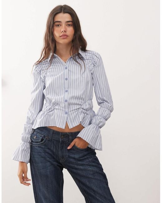 Lioness Blue Manor Shirred Sleeve Detail Button Front Cropped Shirt
