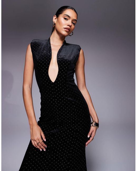 ASOS Women's Black Premium Velvet Molded Plunge Fishtail Maxi Dress