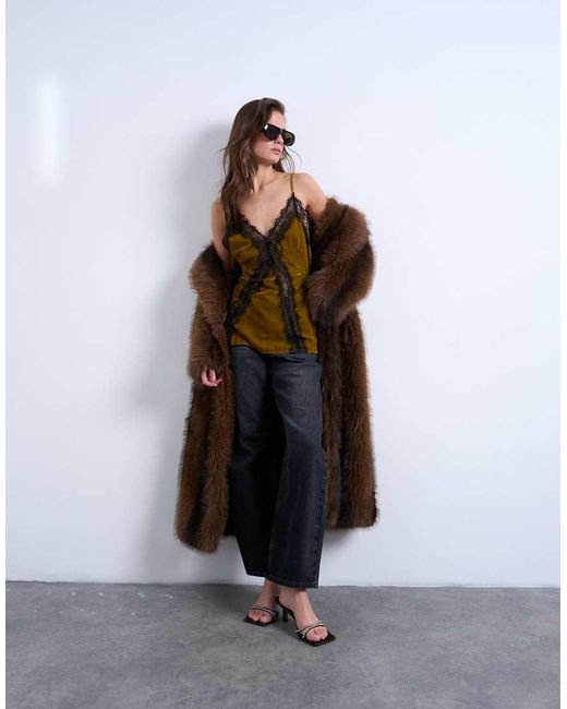 TOPSHOP Green Velvet Lace Cami With Contrast Lace