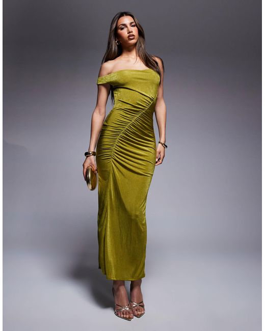 ASOS Green Fallen Shoulder With Ruching Midi Dress