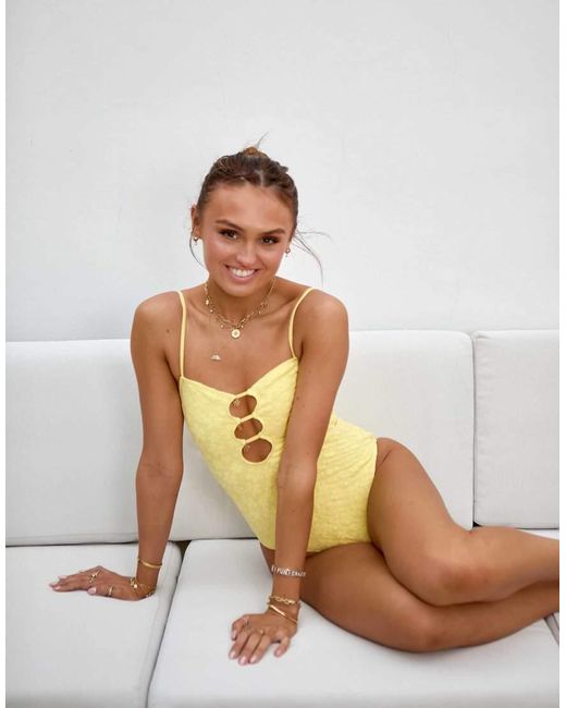 South Beach Yellow X Misha Grimes Beaded Floral Jacquard Cut Out Swimsuit