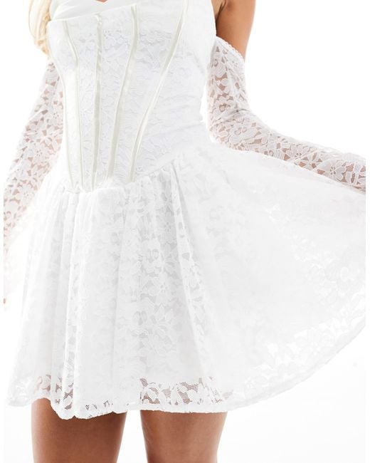 TFNC London White Bridal Corset Mini Dress With Lace Sleeves