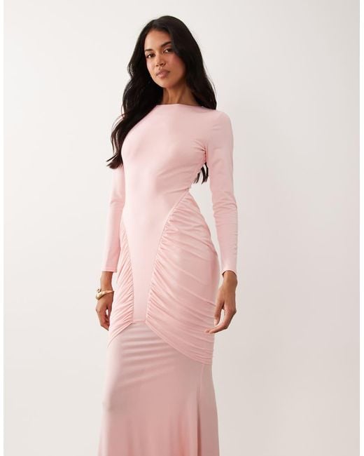 TFNC London Pink Slinky Ruched Detail Long Sleeve Maxi Dress