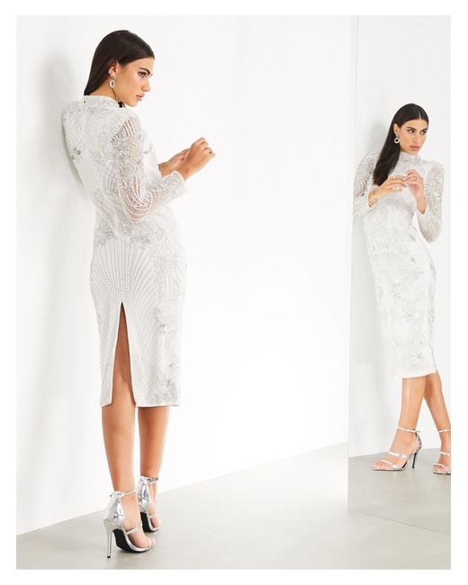 ASOS Pearl Placement Midi Dress-white