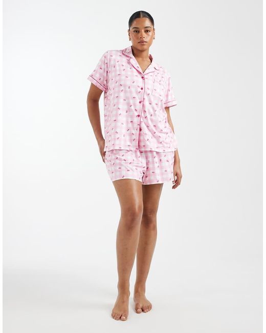 Loungeable Curve Pink Check Supersoft Jersey Short Sleeve Shirt & Shorts Pyjama Set