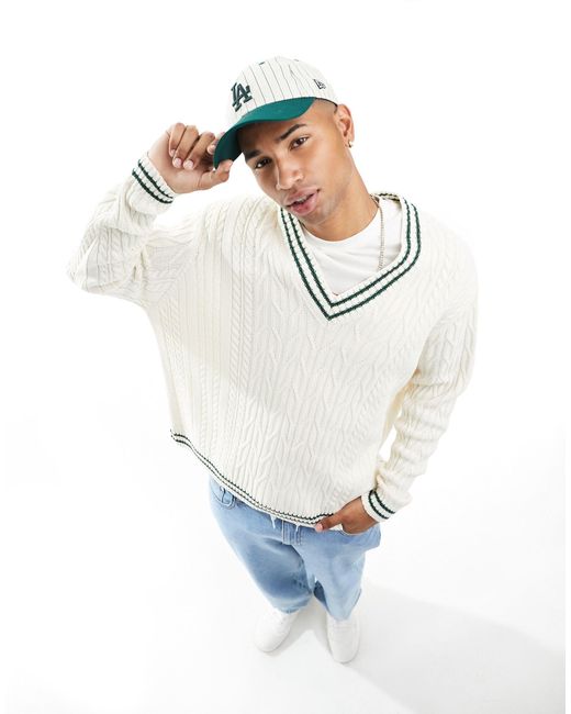 ASOS Oversized Cable Knit Cricket Jumper in White for Men | Lyst Canada