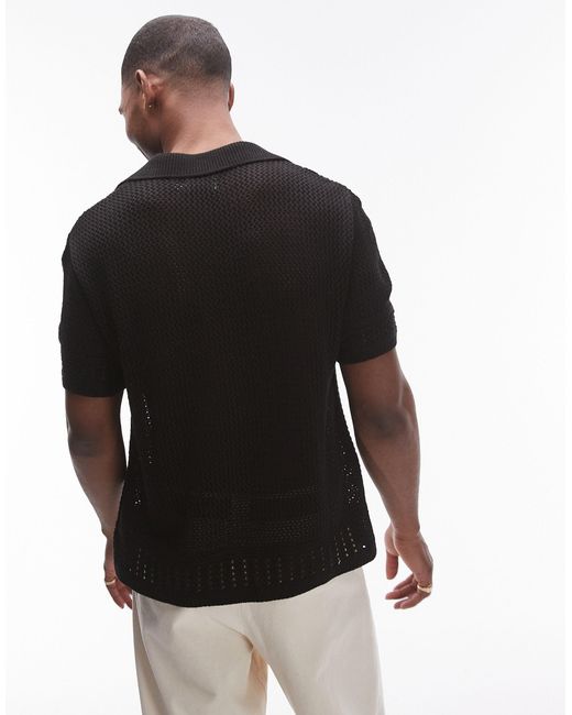 Topman Black Crochet Panelled Polo for men