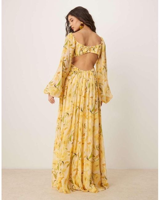 ASOS Yellow Long Sleeve Cut Out Maxi Dress With Ruched Skirt