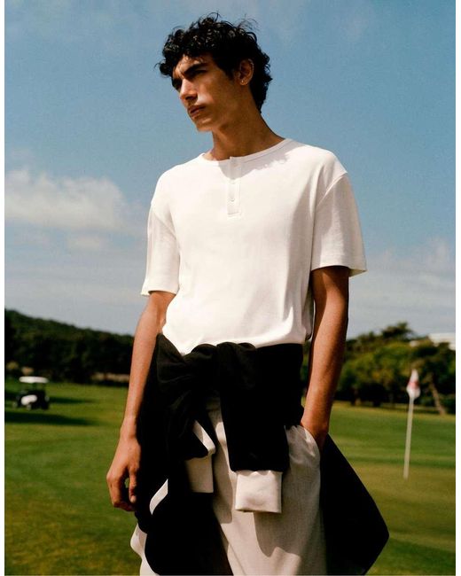 Pull&Bear Basic Henley T-Shirt in het Natural voor heren