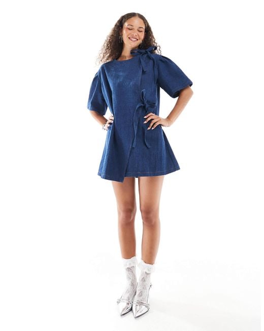 Ghospell Blue Bow Detail Textured Mini Dress