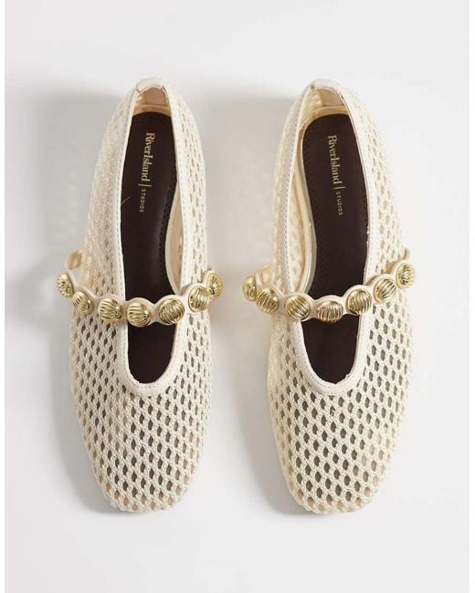River Island White Crochet Ballet Flats With Gold Detail