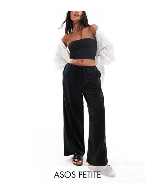 ASOS Black Asos Design Petite Wide Leg Pull On Pants With Linen