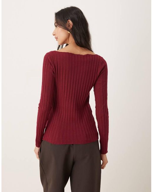 Mango Red Ribbed Slash Neck Lightweight Jumper