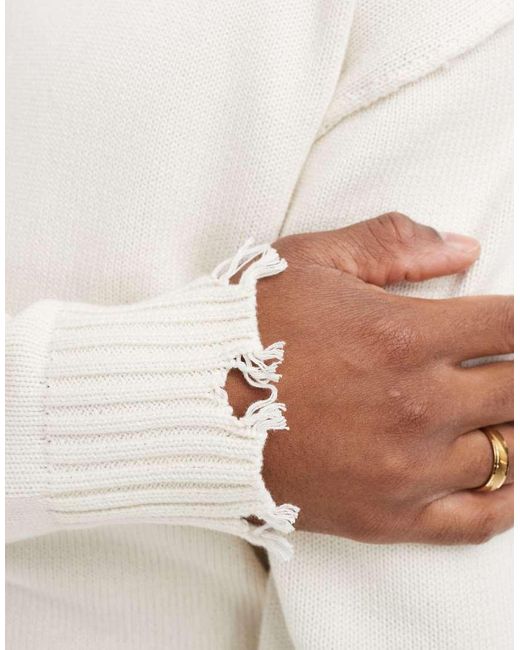 Bershka White Distressed Knitted Jumper for men