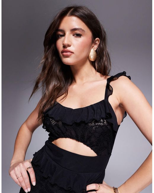 ASOS Black – gestuftes maxikleid aus spitze und netzstoff